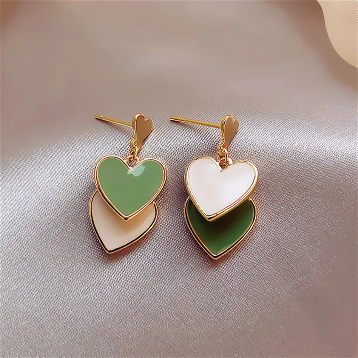 Boucle D'oreille Cœur Vert et Blanc