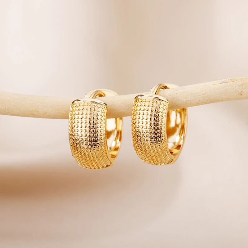 Boucle D'Oreille Créole En Acier Inoxydable Texturée, présentée sur une petite branche de bois. Image