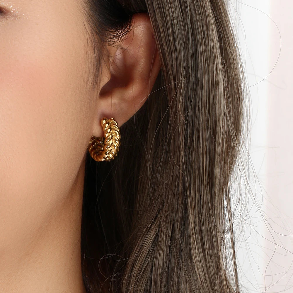 Boucle D'oreille Créole Dorée Effet Tresse en Acier Inoxydable Image
