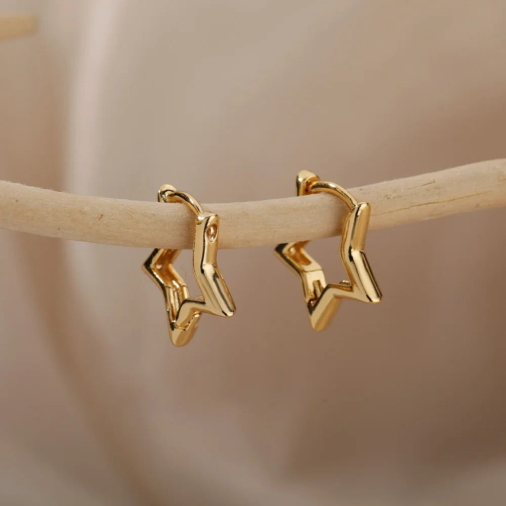 Boucle D'oreille Créole Étoile Acier inoxydable présenté sur une fine branche en bois