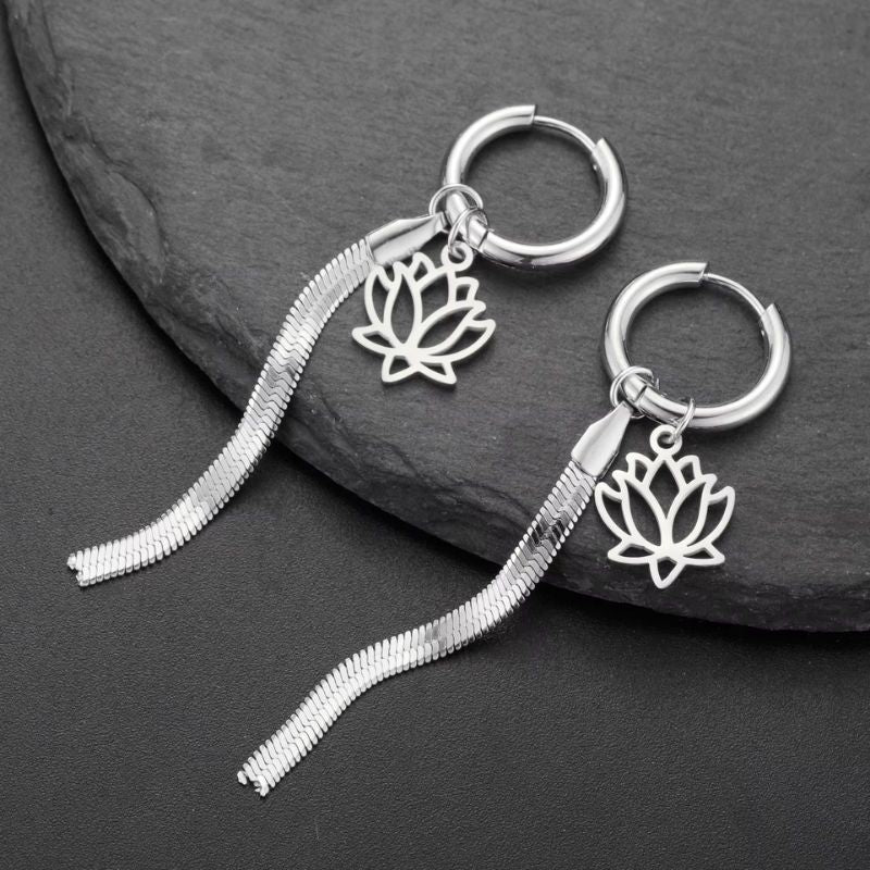 Boucle D'oreille Créole Originale Lotus & Chaîne Acier Inoxydable