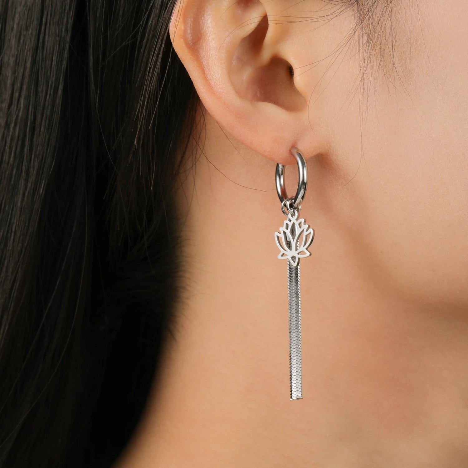Boucle D'oreille Créole Originale Lotus & Chaîne Acier Inoxydable