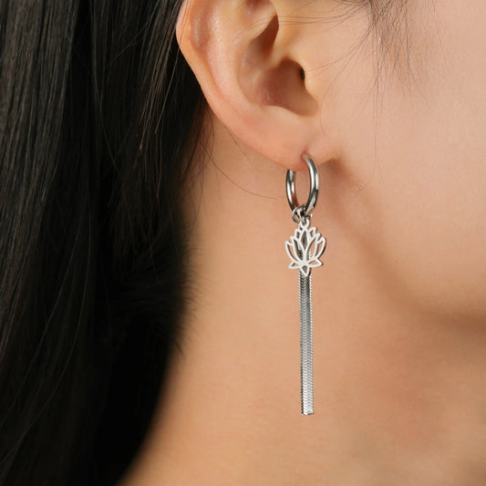 Boucle D'oreille Créole Originale Lotus & Chaîne Acier Inoxydable