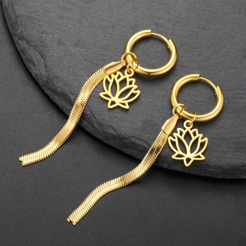 Boucle D'Oreille Créole Originale Lotus & Chaîne Fluide Acier Inoxydable
