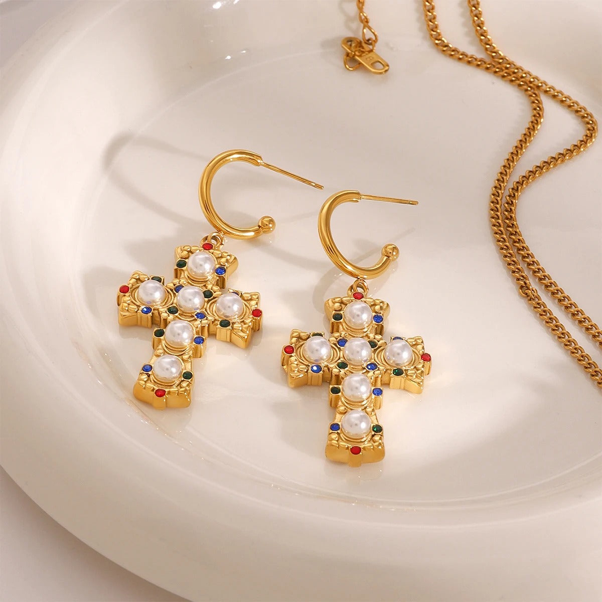 Boucle D'oreille Croix Femme Byzantine en Acier Inoxydable