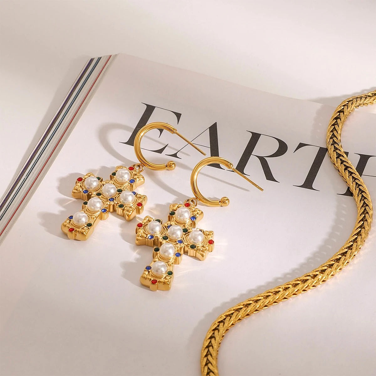 Boucle D'oreille Croix Femme Byzantine en Acier Inoxydable