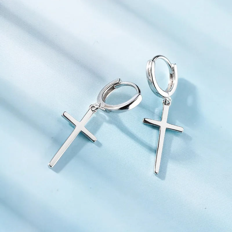 Boucle d'Oreille Croix Femme en Cuivre Couleur Argent Image