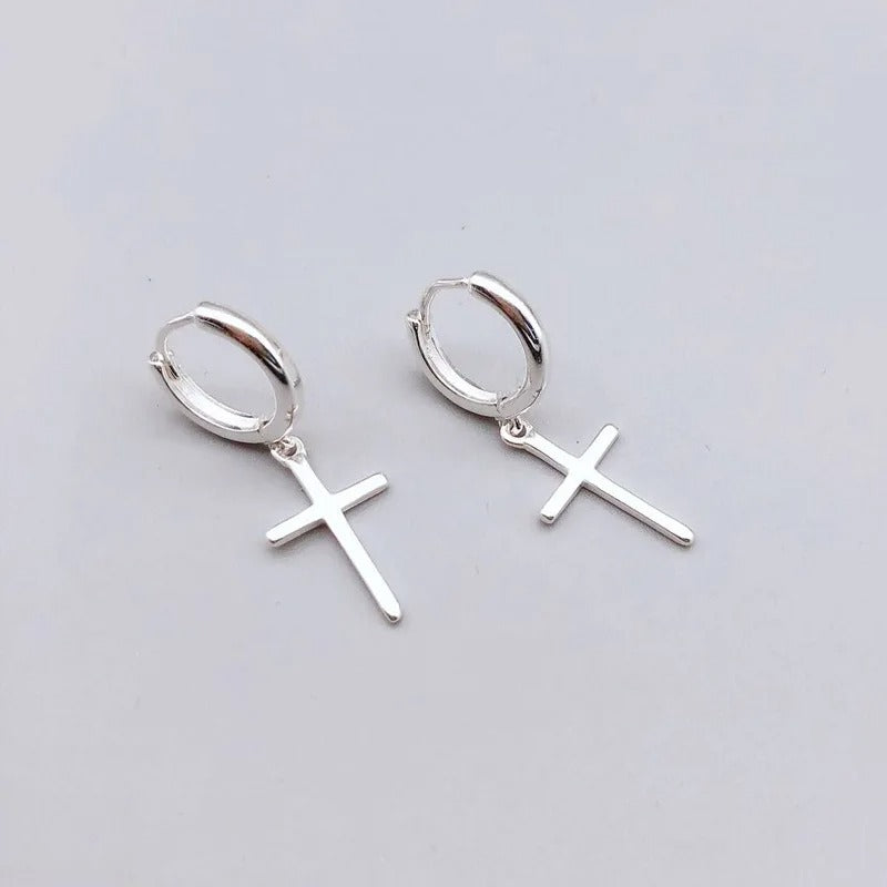 Boucle d'Oreille Croix Femme en Cuivre Couleur Argenté
