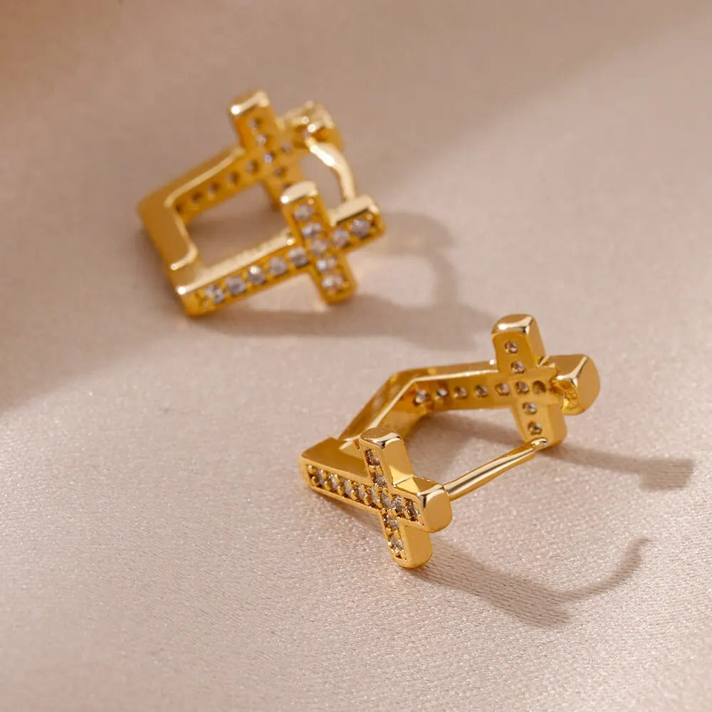 Boucle D'oreille Croix Femme Pierres Zircon Et Acier Inoxydable