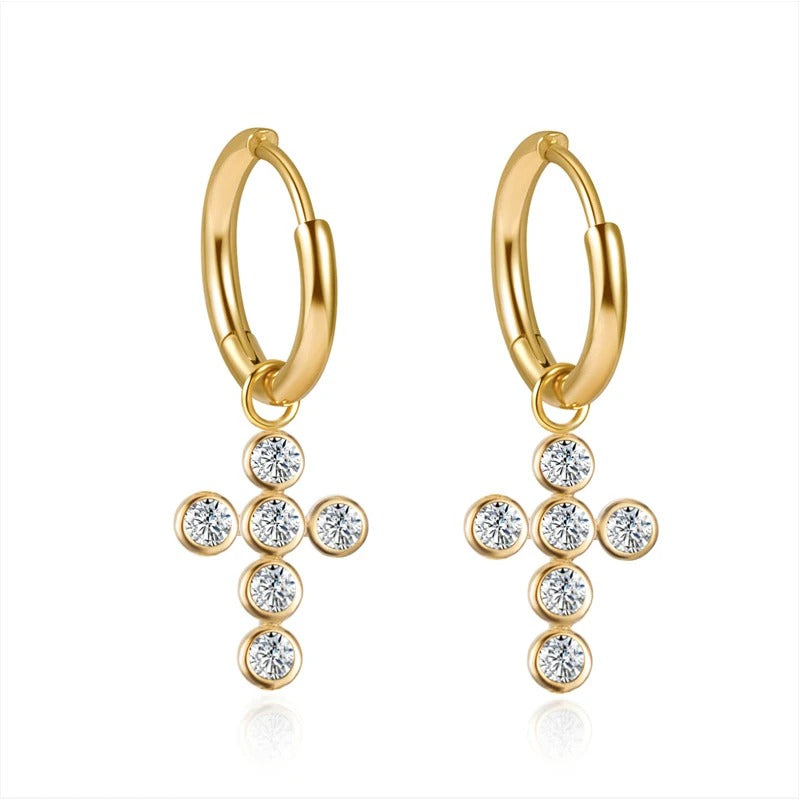 Boucle D'oreille Croix Femme Sur Créole Acier Inoxydable