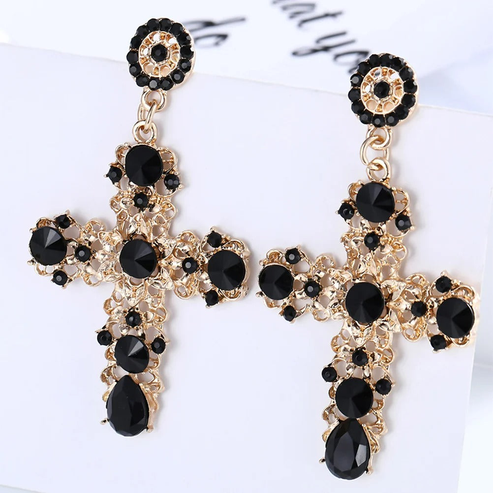 Boucle D'oreille Croix Femme Vintage Doré et Noire