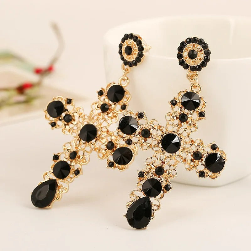 Boucle D'oreille Croix Femme Vintage Doré et Noire