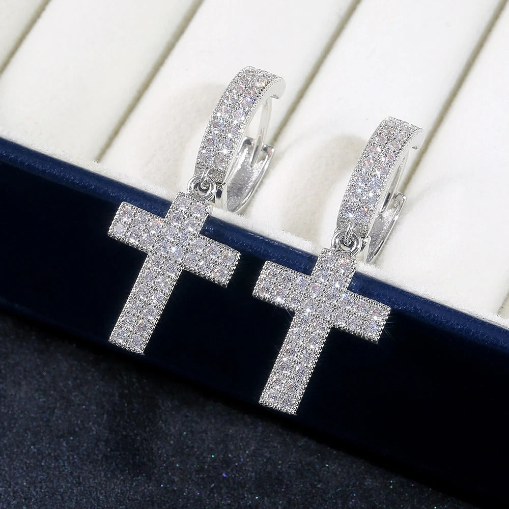 Boucle d'Oreille Croix Homme Argentée Pendante