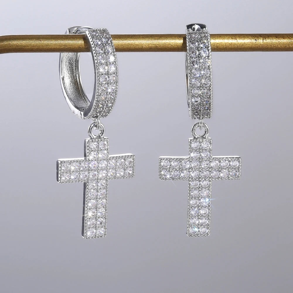 Boucle d'Oreille Croix Homme Argentée Pendante