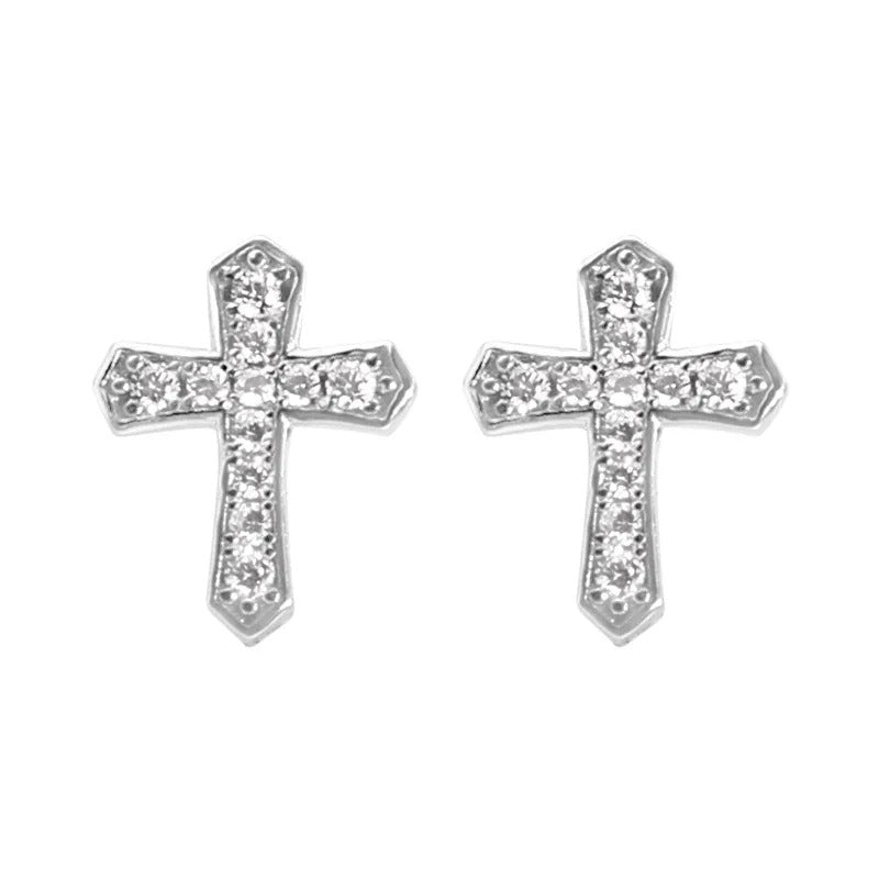 Boucle D'oreille Croix Homme Argentée à Strass