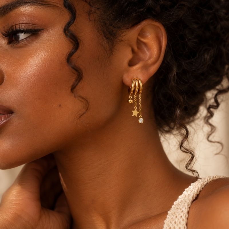 Boucle D’oreille Effet 3 Créoles Pampilles Étoile Et Boule - Acier Inoxydable Image
