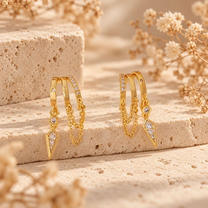 Boucle D’oreille Effet 3 Trous Chaînettes Drapées - Acier Inoxydable Image