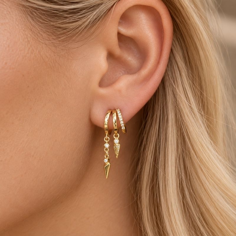 Boucle D’oreille Effet 3 Trous Deux Pendants Et Anneau Pavé - Acier Inoxydable