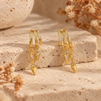 Boucle D’oreille Effet 3 Trous Deux Pendants Et Anneau Pavé - Argent