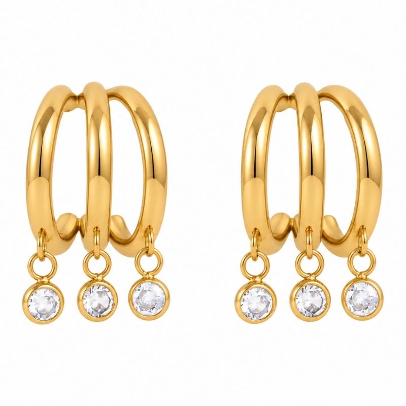 Boucle d’Oreille Effet 3 Trous Pampilles Rondes Brillantes - Acier Inoxydable
