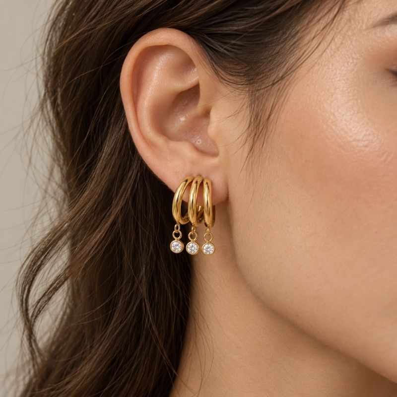 Boucle d’Oreille Effet 3 Trous Pampilles Rondes Brillantes - Acier Inoxydable