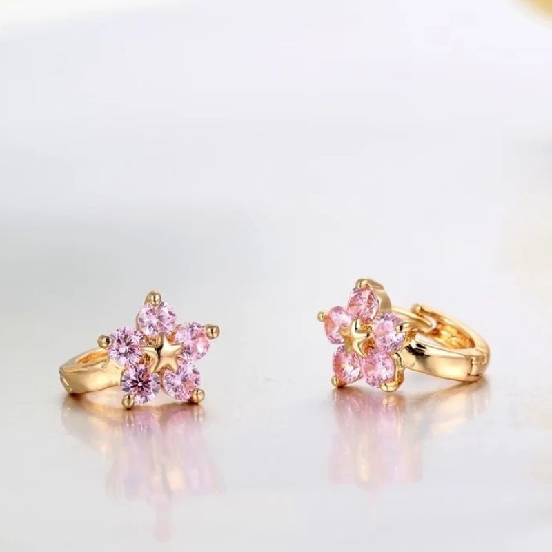 Boucle d'Oreille Enfant Créole Fleur Rose Image