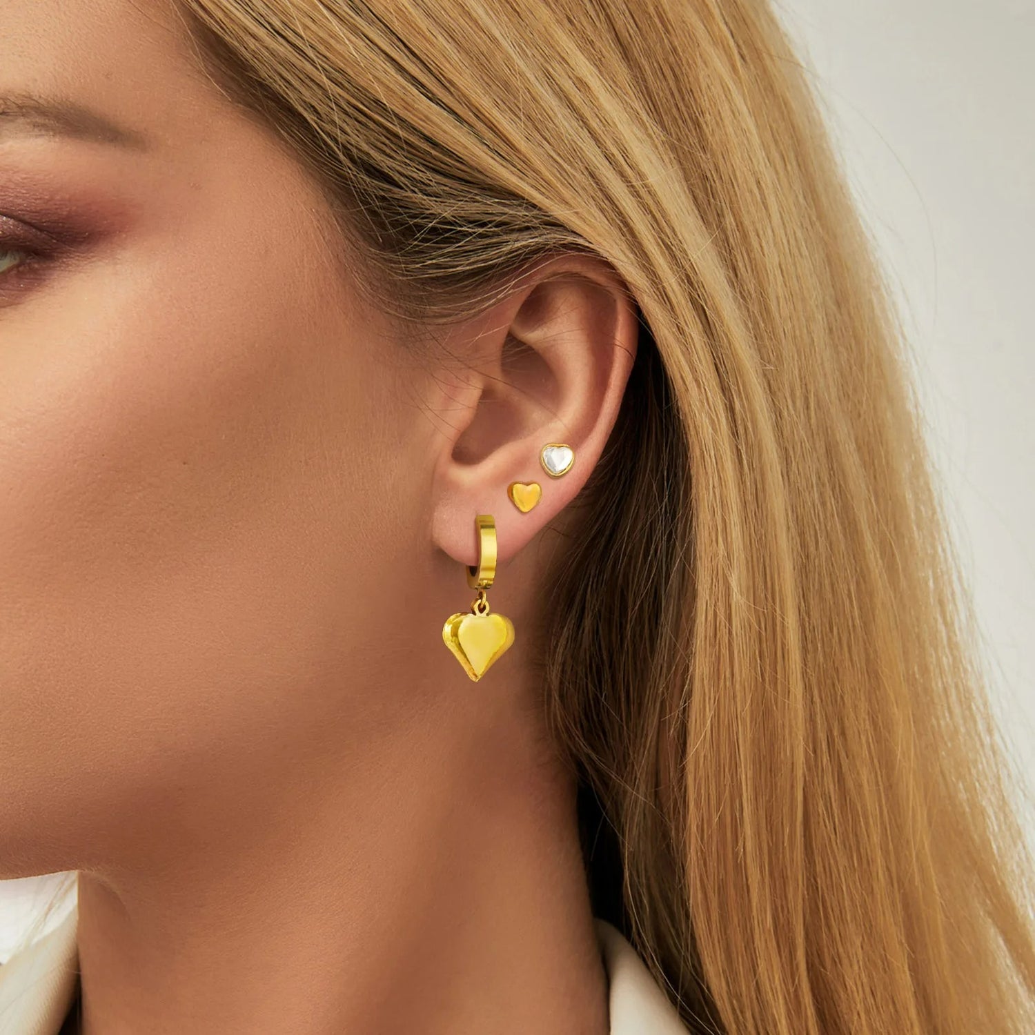 Boucle D’oreille Femme 3 Trous Cœur Doré Inox