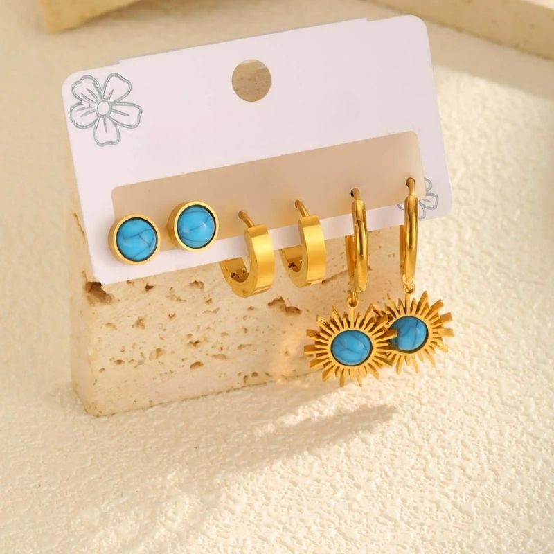 Boucle D’oreille Femme 3 Trous Doré et Bleu – Acier  Inoxydable