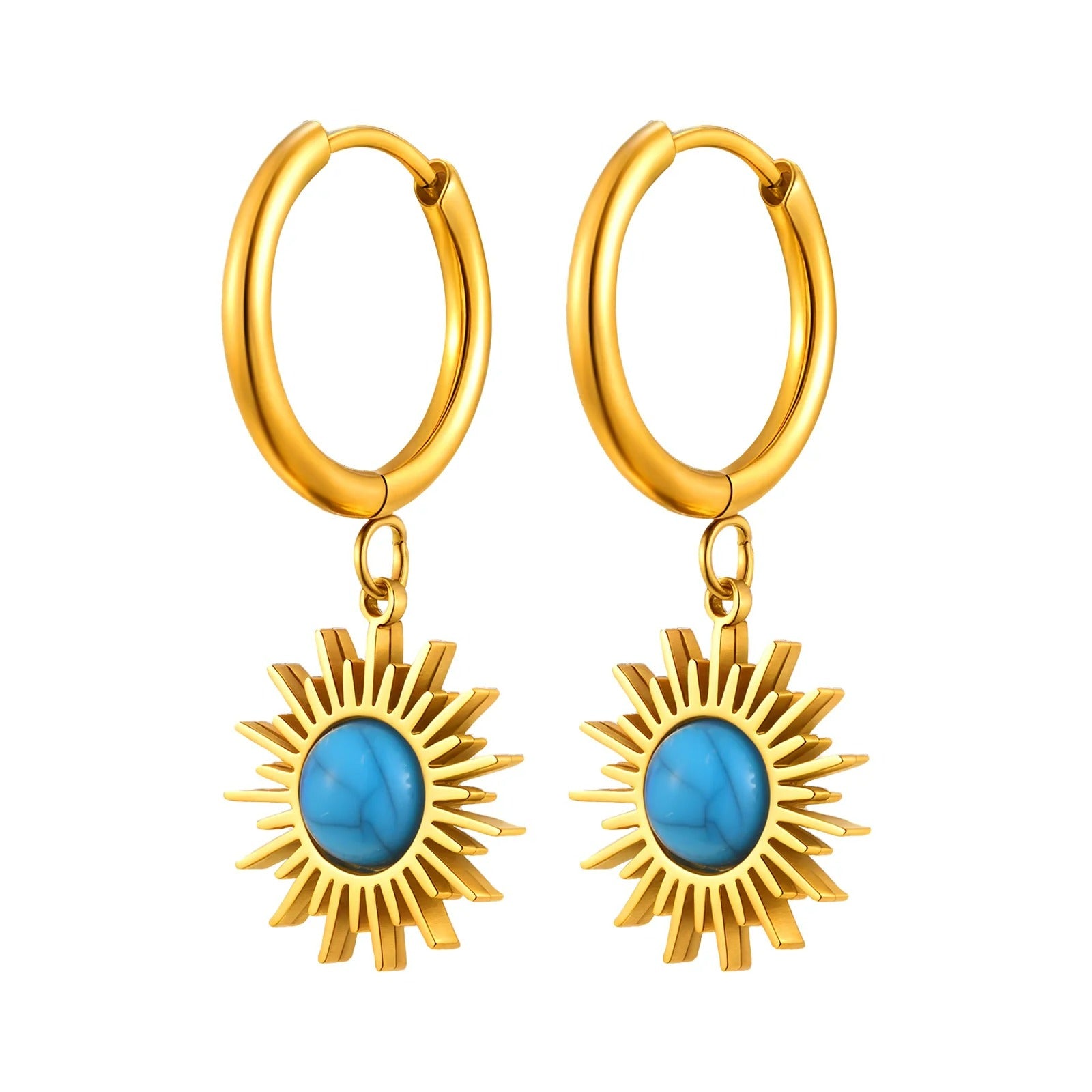 Boucle D’oreille Femme 3 Trous Doré et Bleu – Acier  Inoxydable