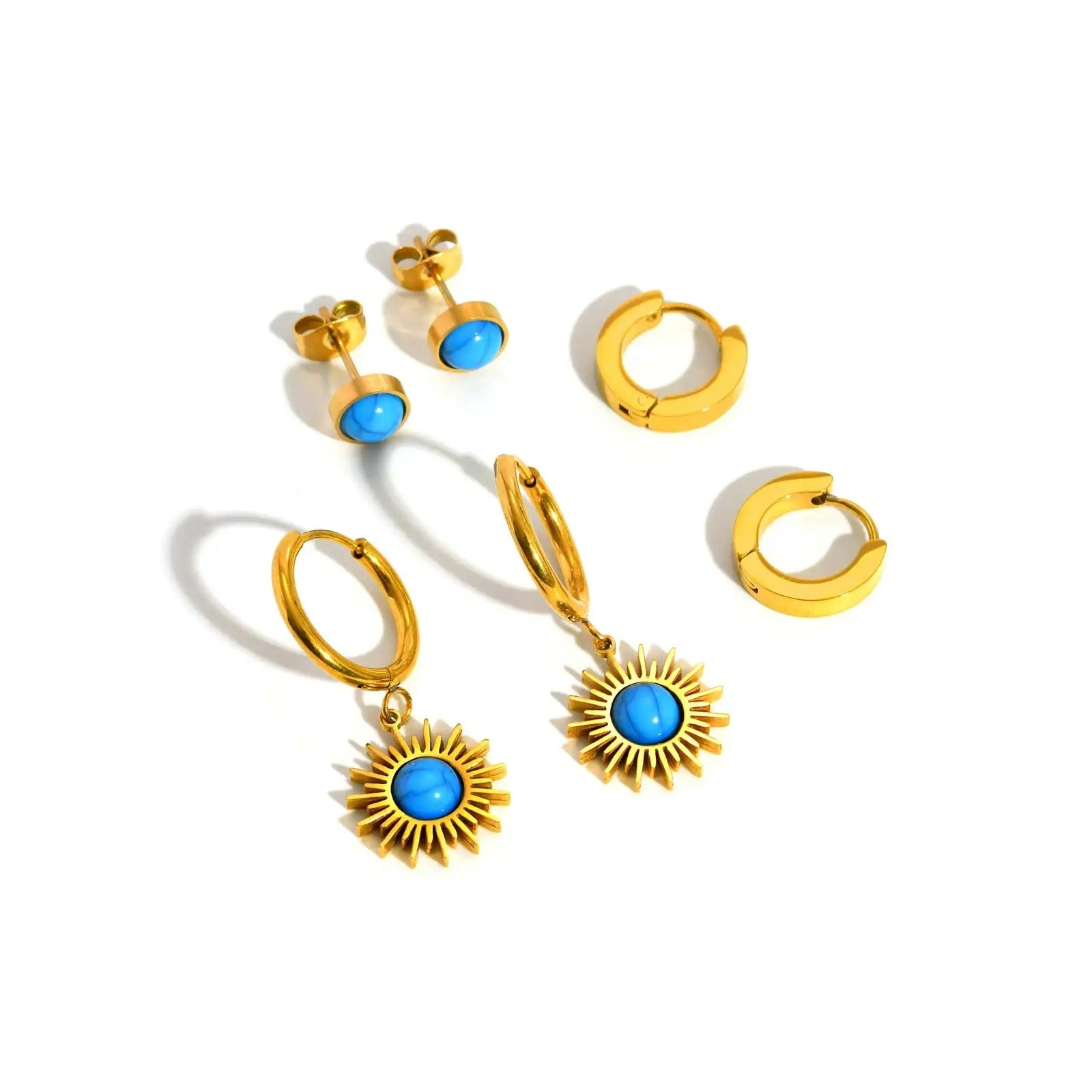 Boucle D’oreille Femme 3 Trous Doré et Bleu – Acier  Inoxydable