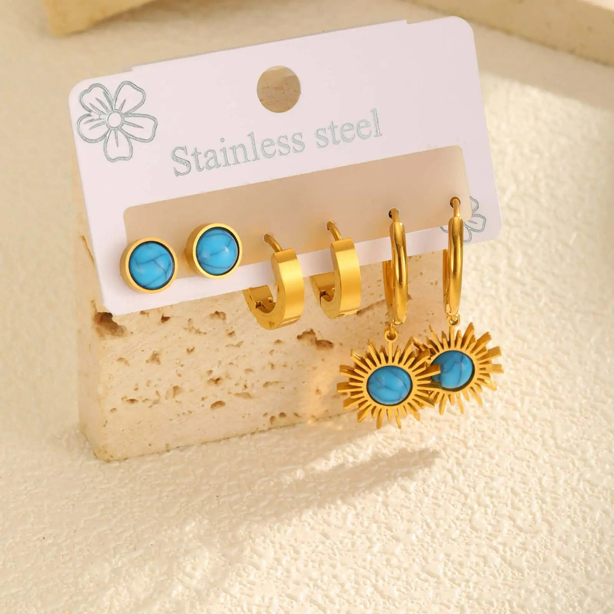 Boucle D’oreille Femme 3 Trous Doré et Bleu – Acier  Inoxydable Image