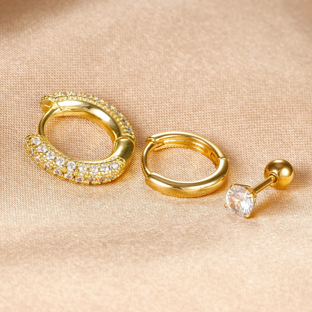 Boucle D’oreille Femme 3 Trous – Doré Zircon Acier Inoxydable