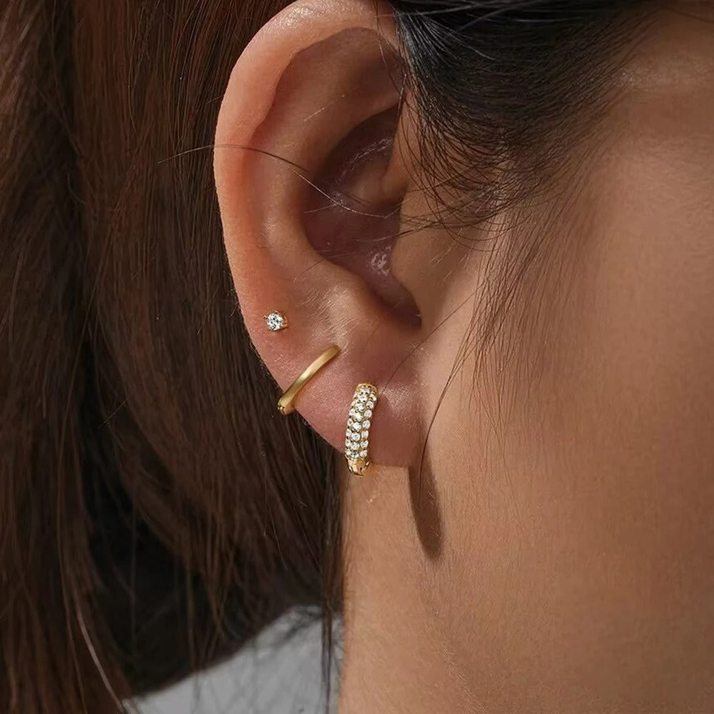 Boucle D’oreille Femme 3 Trous – Doré Zircon Acier Inoxydable