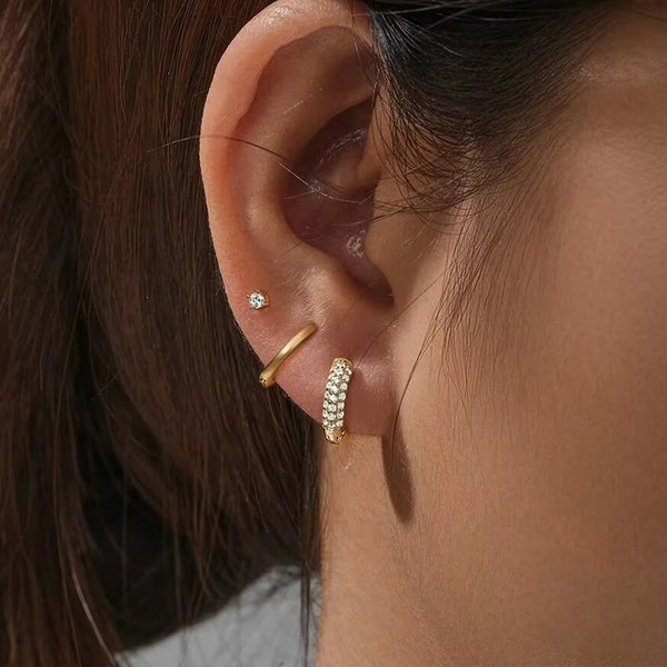 Boucle D’oreille Femme 3 Trous – Doré Zircon Acier Inoxydable