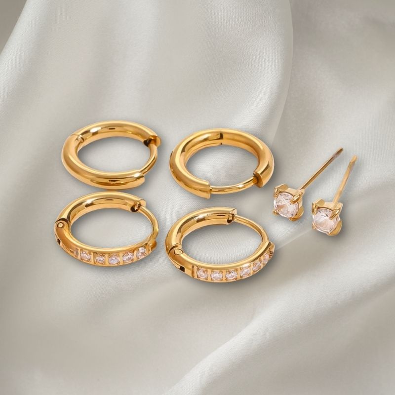 Boucle D’oreille 3 Trous – Doré Zircon Acier Inoxydable