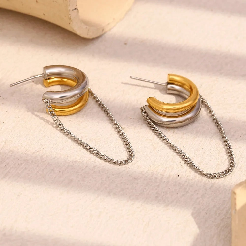 Boucle D'oreille Femme Pendante Bicolore Et Chaîne -Acier Inoxydable