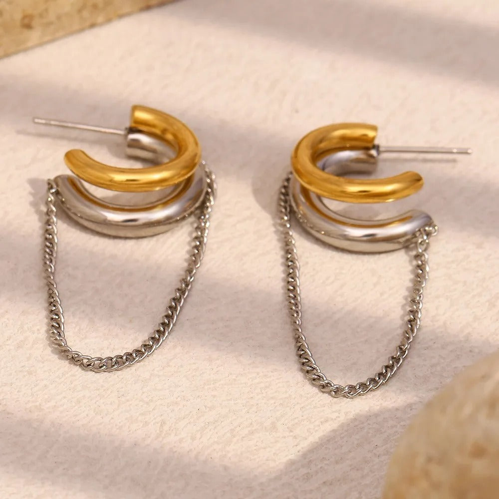 Boucle D'oreille Femme Pendante Bicolore Et Chaîne -Acier Inoxydable