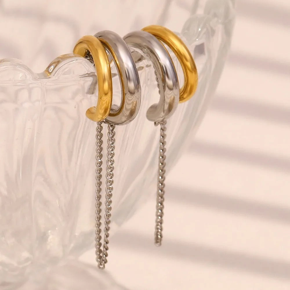 Boucle D'oreille Femme Pendante Bicolore Et Chaîne -Acier Inoxydable