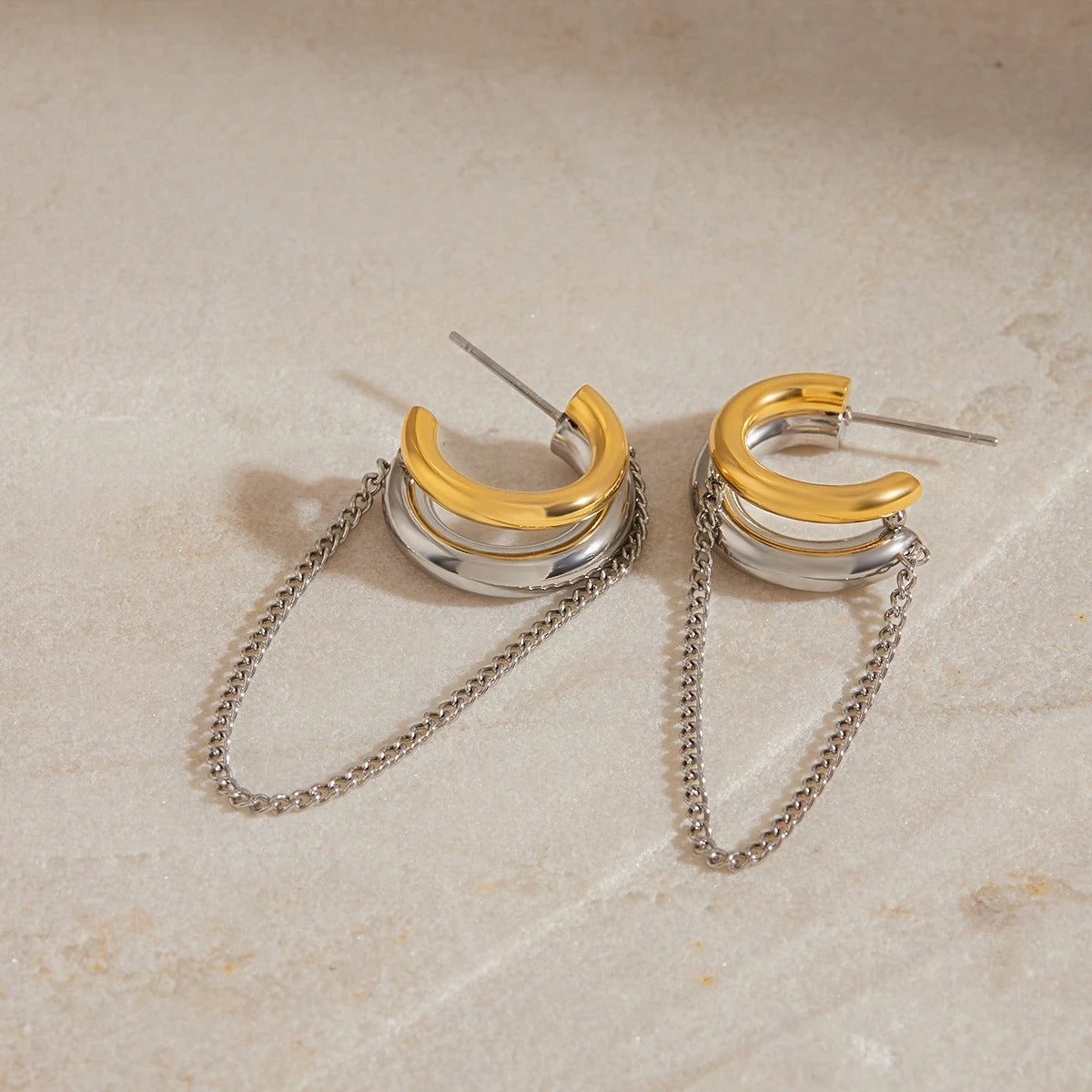 Boucle D'oreille Femme Pendante Bicolore Et Chaîne -Acier Inoxydable