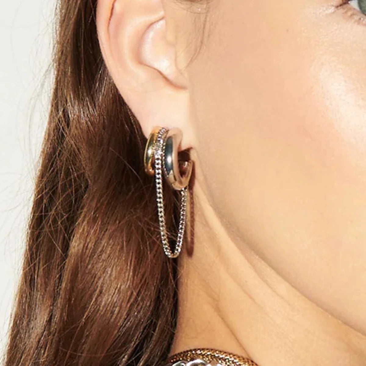 Boucle D'oreille Femme Pendante Bicolore Et Chaîne -Acier Inoxydable