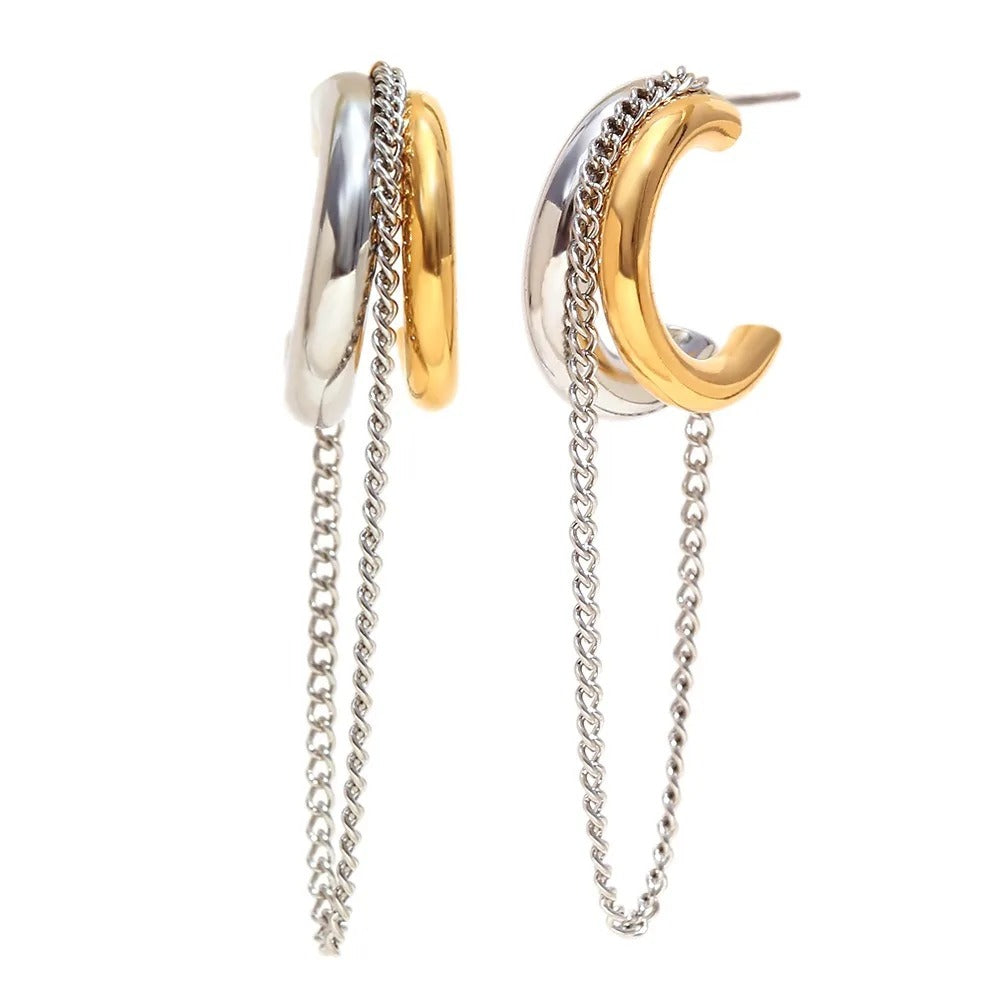 Boucle D'oreille Femme Pendante Bicolore Et Chaîne -Acier Inoxydable