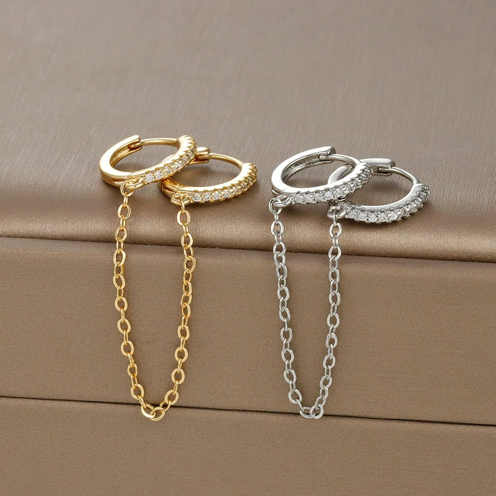 Boucle D'oreille Femme Pendante Chaîne 2 Trous - Acier Inoxydable