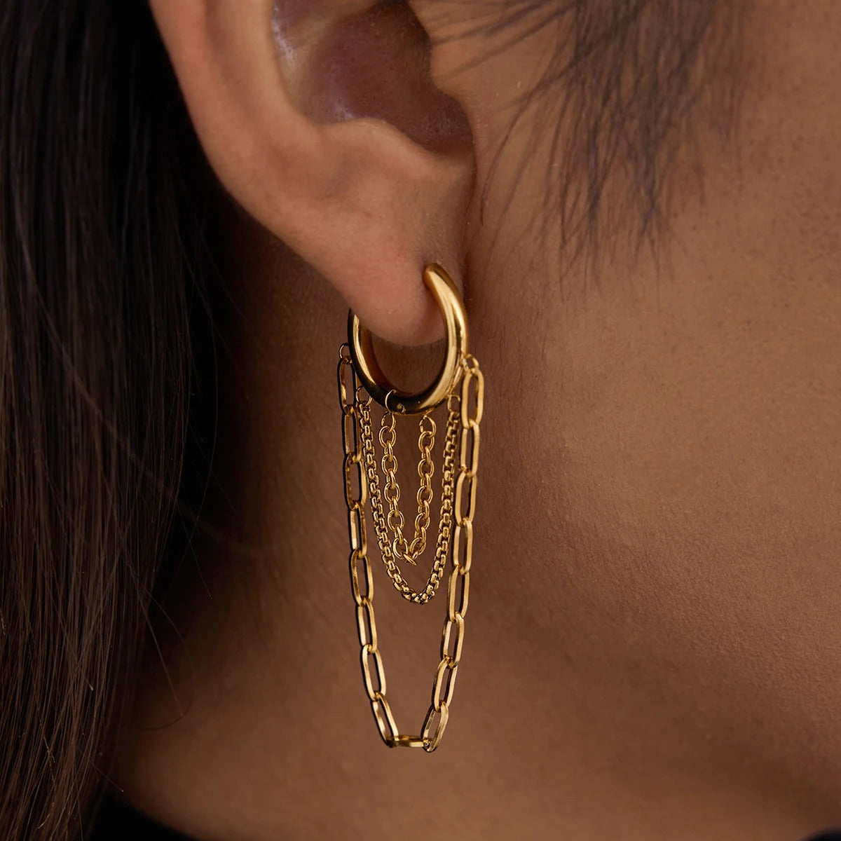 Boucle D'oreille Femme Pendante Chaînes Dorées - Acier Inoxydable