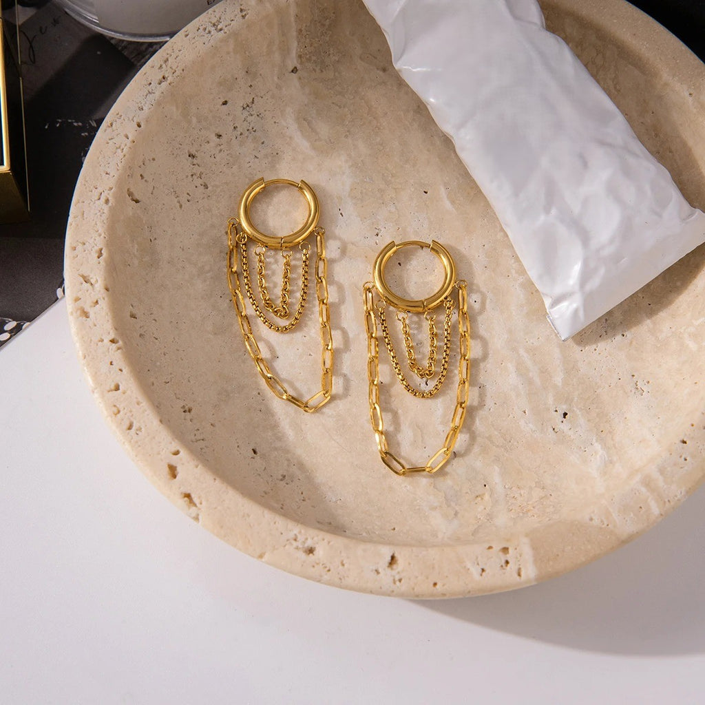 Boucle D'oreille Femme Pendante Chaînes Dorées - Acier Inoxydable