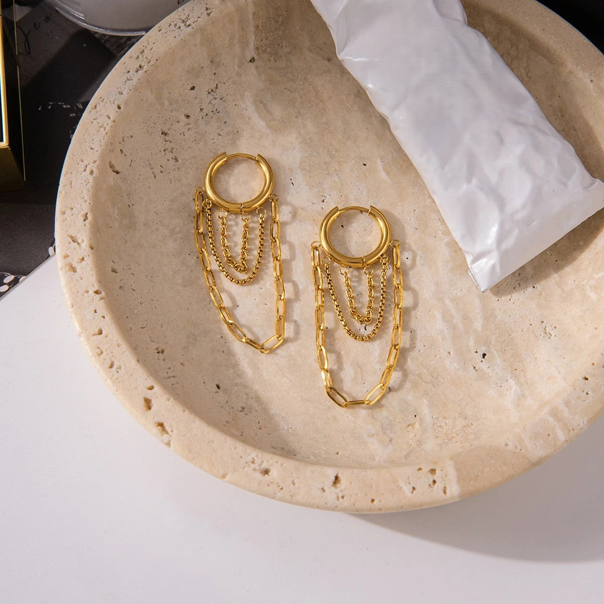 Boucle D'oreille Femme Pendante Chaînes Dorées - Acier Inoxydable