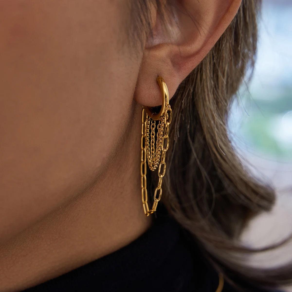 Boucle D'oreille Femme Pendante Chaînes Dorées - Acier Inoxydable