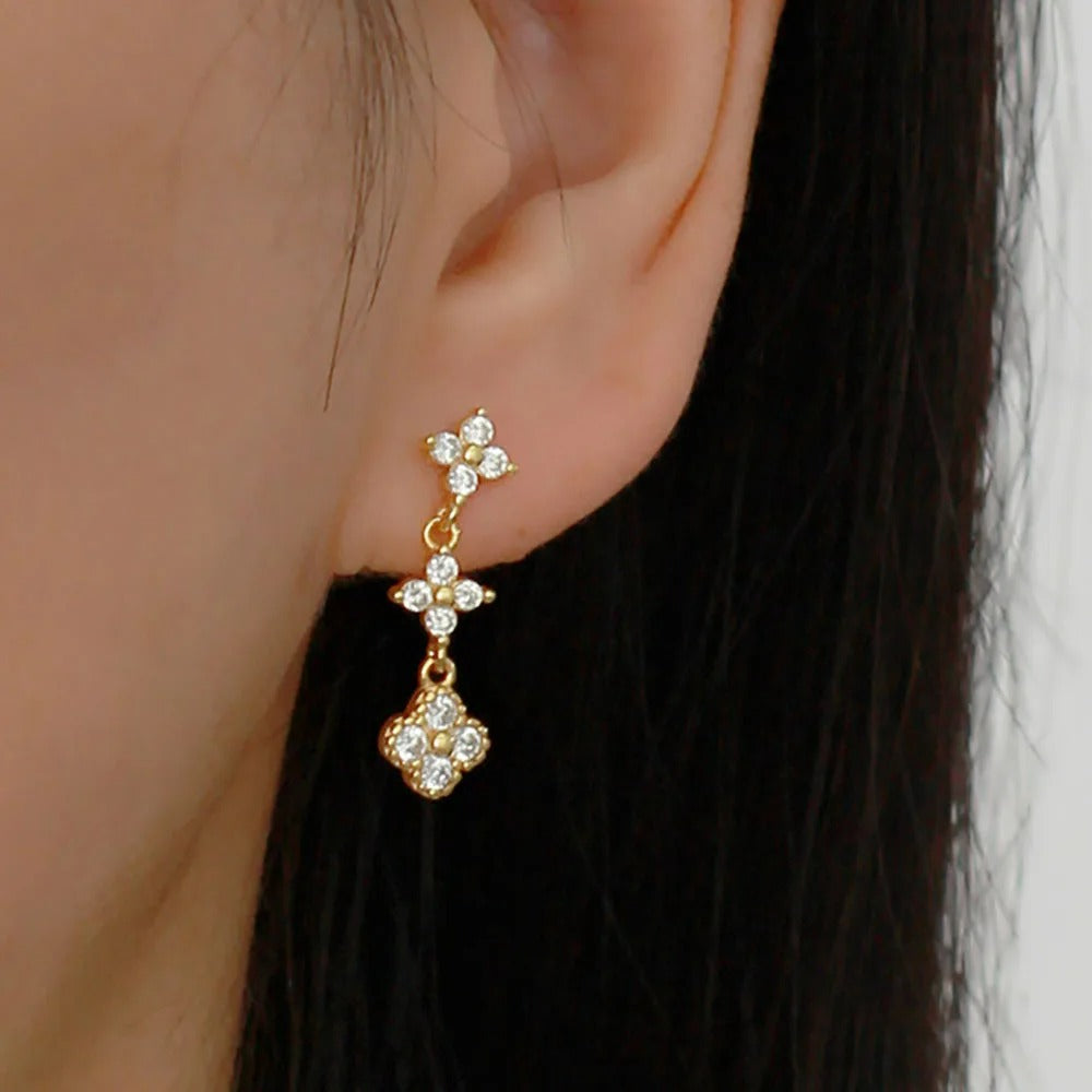 Boucle D'oreille Femme Pendante Fleur Zircon - Acier Inoxydable