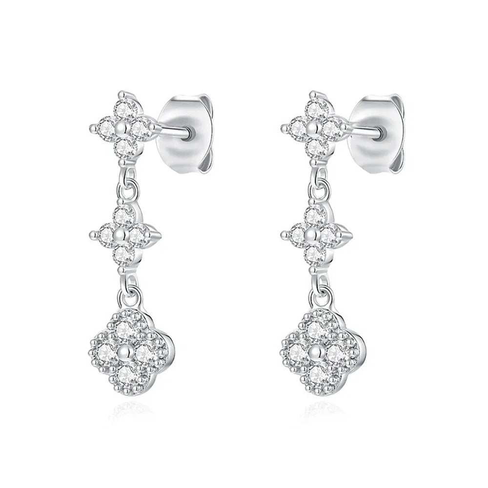 Boucle D'oreille Femme Pendante Fleur Zircon - Acier Inoxydable
