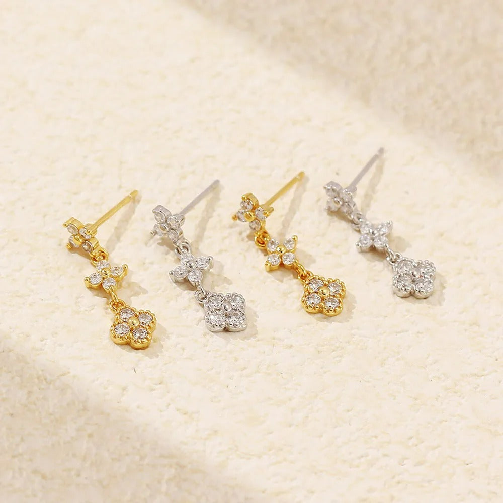 Boucle D'oreille Femme Pendante Fleur Zircon - Acier Inoxydable Image