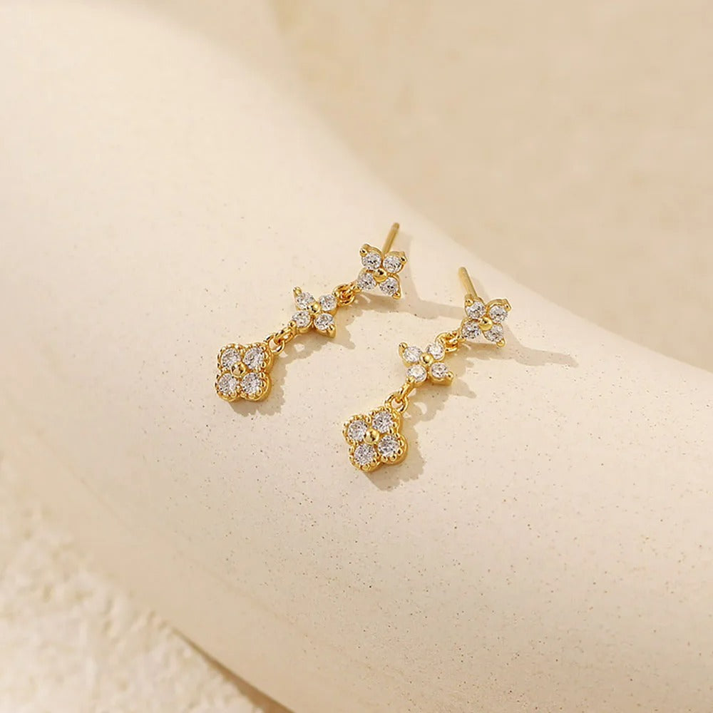 Boucle D'oreille Femme Pendante Fleur Zircon - Acier Inoxydable